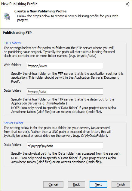 Define the Web and Data folder names for the remote server.